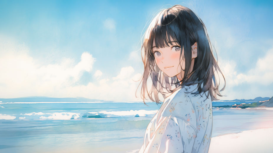 海辺で微笑む女性